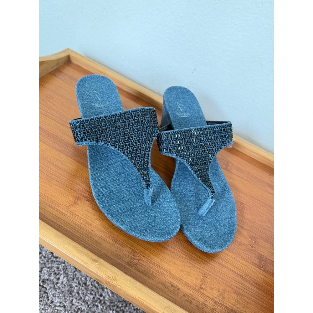 Simply Vera Vera Wang Blue Denim Rhinestone Wedge Sandals Slides Womens 8.5 M